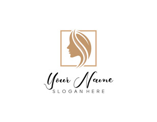 Beauty woman fashion logo. Golden Abstract vector template linear style on a black background