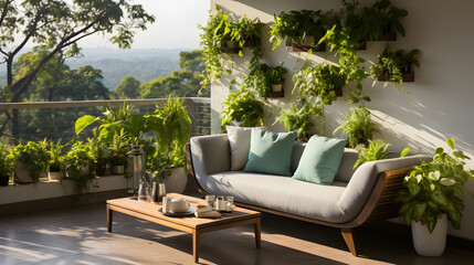 Modern balcony sitting area decorated with green plant and white wall Generative AI