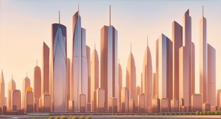 Obraz premium Golden Hour Glimpse of Modern Business District, Capturing Progress and Urban Development