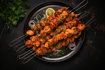 Indian chicken tikka on skewers, Indian tandoori chicken kabab spicy dish cuisine