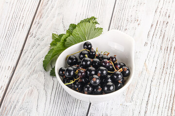 Juicy black currant berries in the bowl