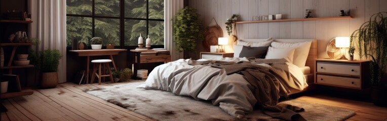 Panoramic image of a country style wooden bedroom in a luxury cottage or hotel. Comfortable large bed, dressing table, green plants, panoramic windows. Home decor, cozy interior. 3D rendering.