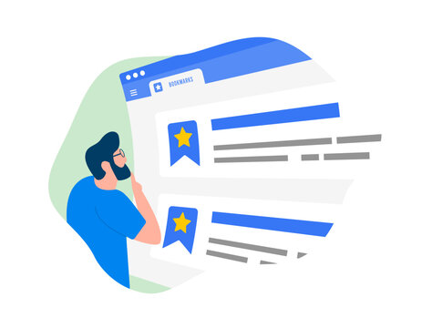 Bookmark favorite websites concept. Add to favorites and save popular webpage in web browser. Male character selects saved in favorite website from the list. Illustration isolated on white background