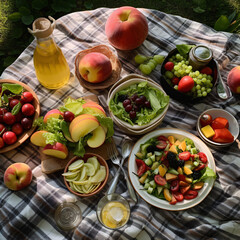 Obraz na płótnie Canvas A picnic with salad at an outdoor table