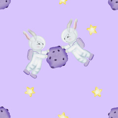 seamless repeating pattern on the theme of space. cute pattern with bunnies astronauts, planets, stars, comets, purple on a dark background. perfect pattern for baby textiles, bedding, scrapbooking