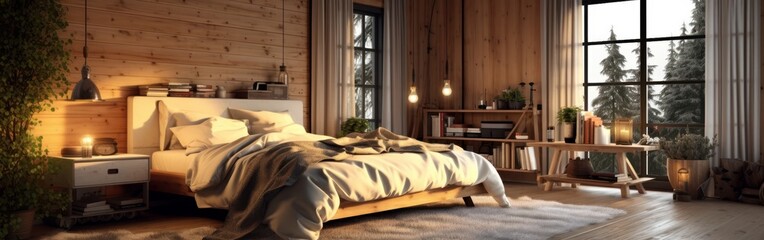 Panoramic image of a country style wooden bedroom in a luxury cottage or hotel. Comfortable large bed, dressing table, green plants, panoramic windows. Home decor, cozy interior. 3D rendering.