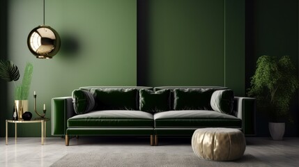 Front view of a modern luxury living room in green colors. Green empty walls, comfortable sofa with cushions, ottoman, green plants in flower pots, stylish pendant light. Mockup, 3D rendering.
