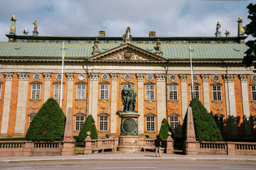 Ornate front facade of the Riddarhuset a 17th century house of nobility featuring over 2000 coats...