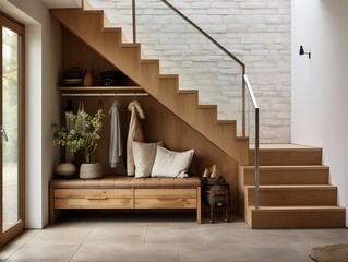 Interior design of modern entrance hall with grid door, staircase and rustic wooden accent pieces generative ai