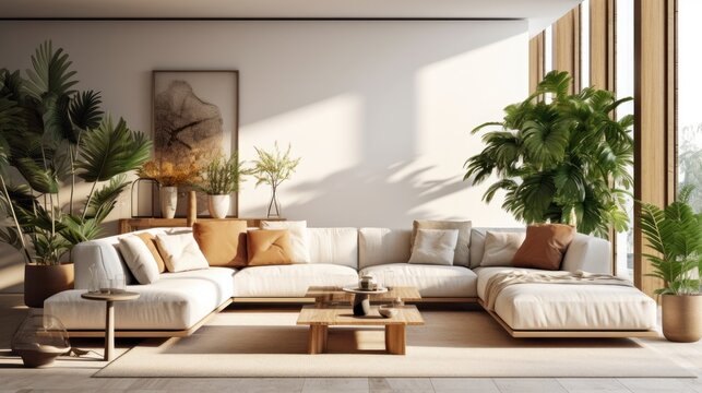 Cozy elegant boho style living room interior in natural colors. Comfortable couch with cushions and plaid, many houseplants, wooden coffee table, painting on the wall, home decor. 3D rendering.