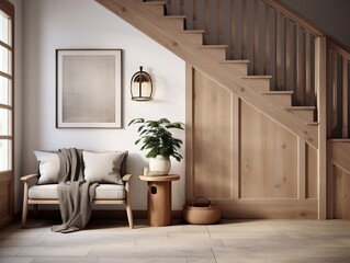 Interior design of modern entrance hall with grid door, staircase and rustic wooden accent pieces generative ai
