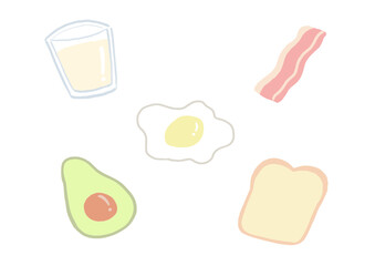 food and drink icons, basic breakfast in pastel colors cartoon style vector for illustration, picture books, menu, template, presentation 