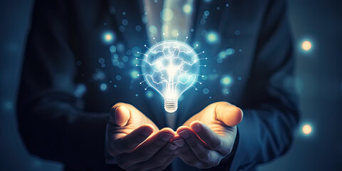 Illuminating Innovation: Businessman Holding a Virtual Lightbulb and Brain on a Blue Bokeh Background, Signifying Smart Thinking, Inspiration, and Creative Ideas 11