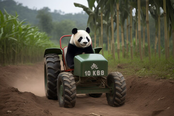 a panda driving a tractor