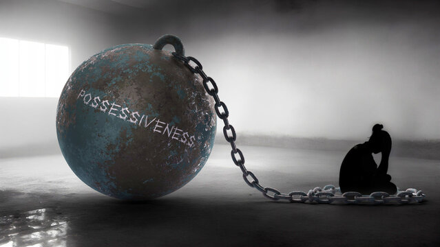 Possessiveness against a woman. Trapped in a hate prison, chained to a burden of Possessiveness. Alone in pain and suffering.,3d illustration