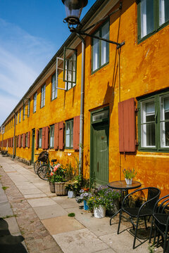 Historic yellow houses in the Nyboder district of Copenhagen, Denmark