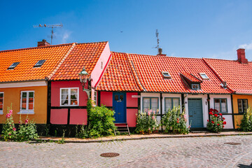 Fototapeta na wymiar Pretty pink houses and flowering Hollyhock in Rønne on Bornholm Island, Denmark