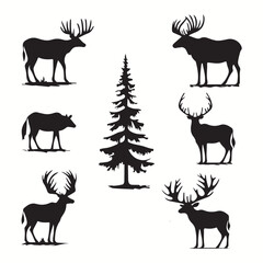 Moose silhouettes and icons. black flat color simple elegant squirrel monkey animal vector and illustration.