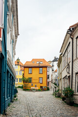 Colorful street of old wooden houses in Bergen, Norway