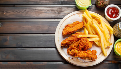 fried chicken strips with french fries and sauce.