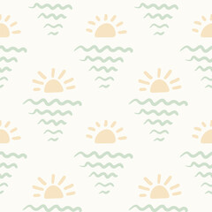Minimal waves forming sea water setting sun seamless vector pattern in a palette of mint and pale yellow on off white.Great for home decor, fabric, wallpaper, gift wrap, stationery and design projects
