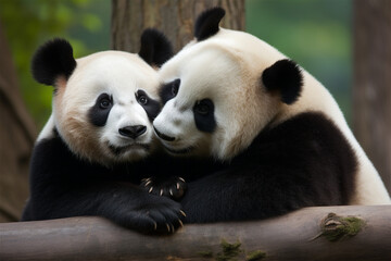 a pair of pandas hugging
