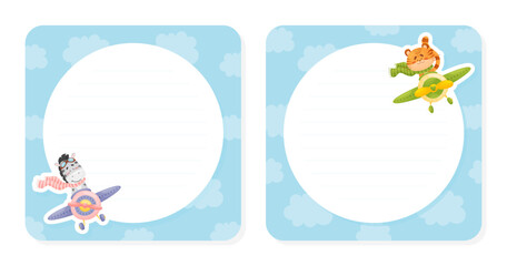 Cute Animal on Plane Flying in the Air Empty Frame Design Vector Template