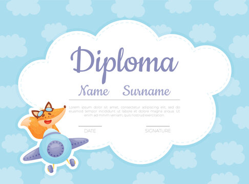 Cute Fox Animal on Plane Flying in the Air Diploma Design Vector Template