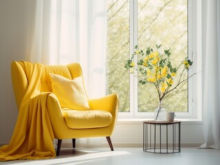 Yellow mid-century armchair against of window dressed with white curtain interior design of modern living room generative ai