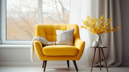 Yellow mid-century armchair against of window dressed with white curtain interior design of modern living room generative ai