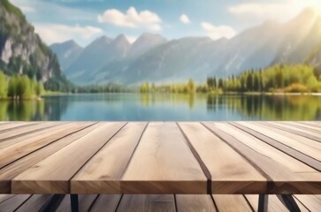 Wooden balcony for product display with blurred lake and mountain backdrop.generative ai - obrazy, fototapety, plakaty