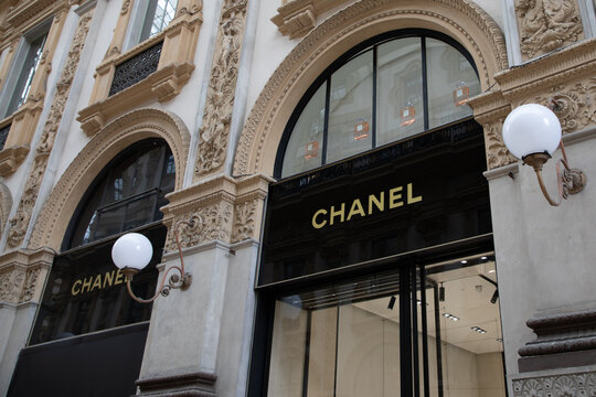 Chanel logo brand and sign chain text windows facade entrance store French fashion company
