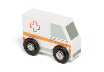 Retro wooden toy car isolated on white