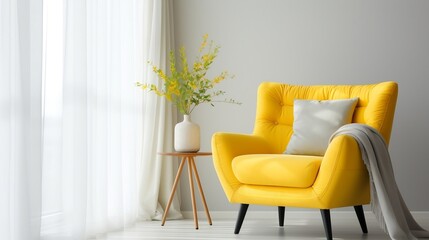 Yellow mid-century armchair against of window dressed with white curtain interior design of modern living room generative ai