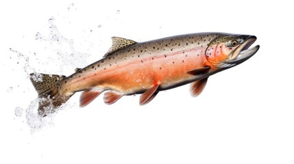 A salmon jumping out of the water isolated on white background. Salmon fish. Generative Ai