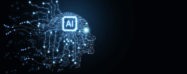 AI - Artificial intelligence. Ai brain and mind. A low-polygon humanoid robot face with a functioning brain. Mindfulness, consciousness, and awareness Illustration