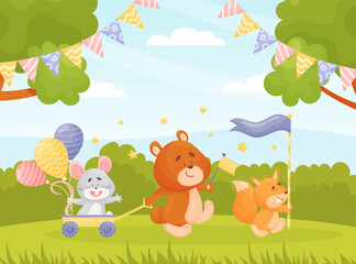Cute Animal Parade with Flag and Balloon Vector Illustration