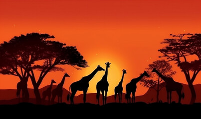 Obraz na płótnie Canvas giraffe safari sunset silhouette wild animal wildlife nature africa elephant. Generative AI.