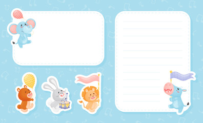Cute Animal Parade with Flag and Balloon Note Frame Vector Template