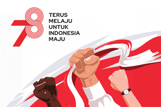 78th of Republic of Indonesia Independence day Anniversary background with red white flag ribbon design and Jakarta skyline