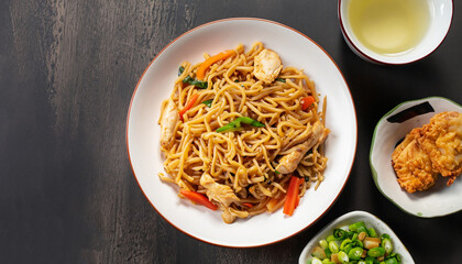chicken yakisoba in flat lay composition with copy space
