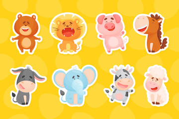 Cute Wild and Farm Animal Make Sound Vector Sticker Set