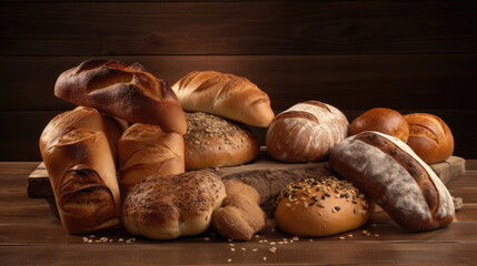 Top view of many kinds of bread on wood background