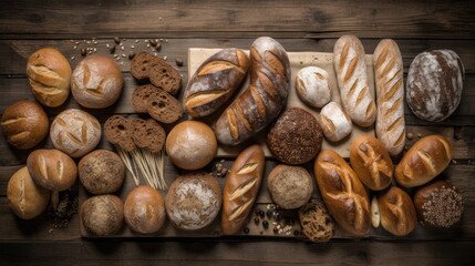 Top view of many kinds of bread on wood background