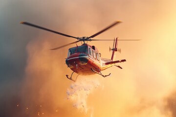 A rescue helicopter extinguishes a forest fire by dropping a large amount of water on a burning coniferous forest. Saving forests, fighting forest fires. Aerial view. 3D rendering.
