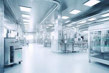 Naklejka na ściany i meble Contemporary drug production workshop interior. Spacy bright sterile room, facility with modern industrial machinery. Manufacturing process: pharmaceutics, semiconductors, biotechnology. 3D rendering.