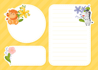 Cute Animals with Flowers on Stalk Empty Note Card Vector Template