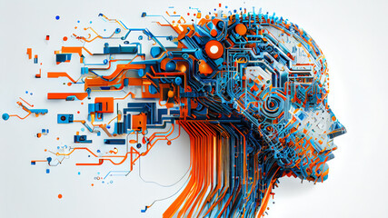 Realistic Artificial intelligence. Computer mind connections head. Human head with circuit board inside. Engineering concept. Technology web background. Virtual concept - obrazy, fototapety, plakaty