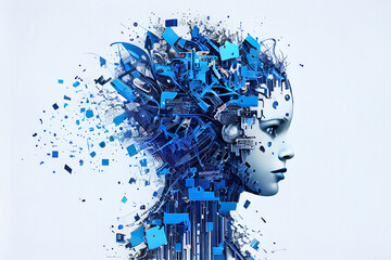 Realistic Artificial intelligence. Computer mind connections head. Human head with circuit board inside. Engineering concept. Technology web background. Virtual concept