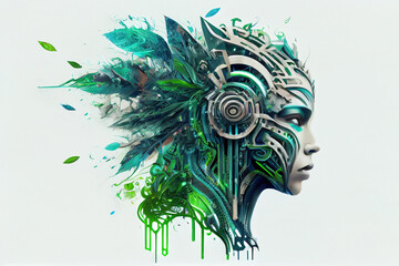 Realistic Artificial intelligence. Computer mind connections head. Human head with circuit board inside. Engineering concept. Technology web background. Virtual concept